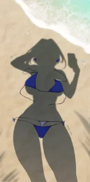 1girl arm_up artist_name beach bikini blue_bikini bow bow_earrings breasts day dressed_shadow__meme earrings hololive hololive_english implied_nudity jewelry large_breasts meme myth1carts ouro_kronii out_of_frame outdoors pov sand selfie shadow short_hair silhouette solo swimsuit thong thong_bikini untied_bikini virtual_youtuber water