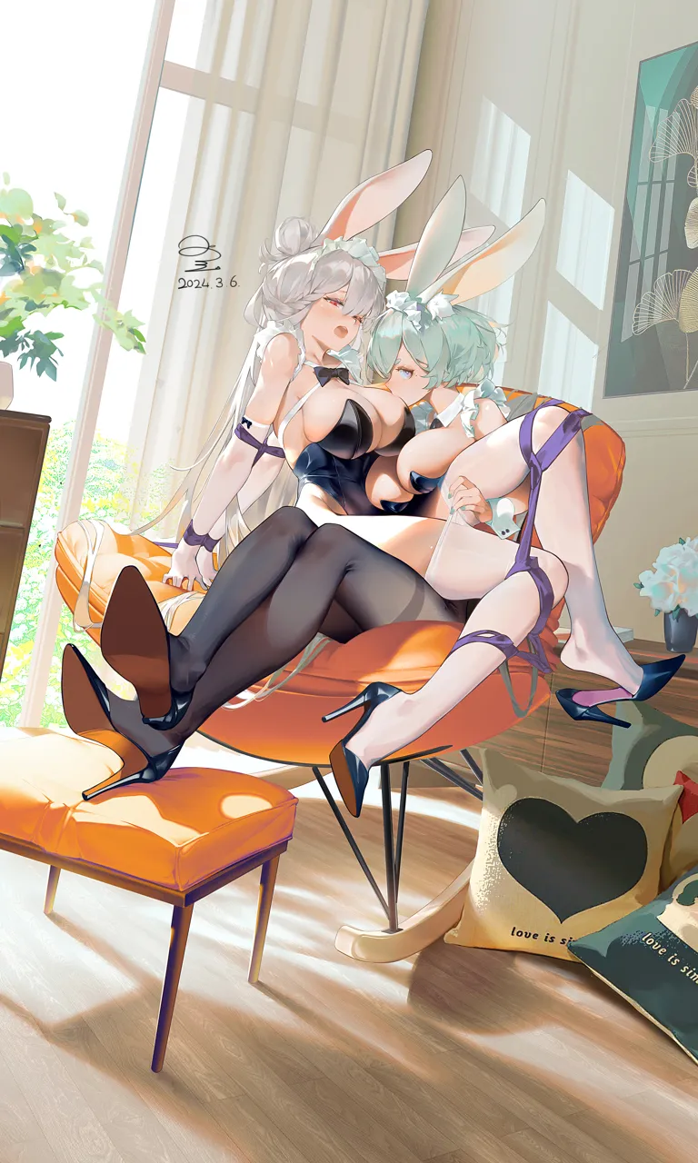 2girls animal_ears bare_shoulders bdsm black_leotard black_pantyhose black_shoes blue_eyes blush bondage bound bow breasts chair cleavage cup dated detached_collar fake_animal_ears feet flower grey_hair hair_bun hair_ornament heart high_heels indoors large_breasts legs leotard long_hair looking_at_viewer multiple_girls open_mouth pantyhose plant playboy_bunny potted_plant rabbit_ears rabbit_tail red_eyes ribbon shoe_dangle shoes short_hair single_hair_bun sitting table tail very_long_hair white_hair white_pantyhose window wrist_cuffs ribao