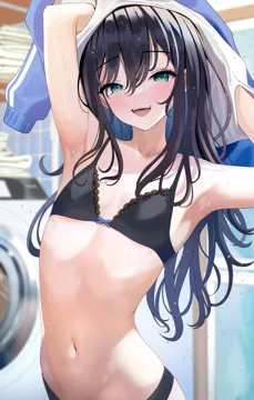 1girl armpits blue_eyes blue_hair bra collarbone flat_chest jacket lace_trim lace_trimmed_bra long_hair looking_at_viewer navel panties smile solo teeth track_jacket turisasu underwear upper_teeth_only washing_machine water water_drop wet