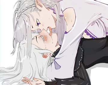 2girls black_dress blush braid breast_press breasts closed_eyes colored_eyelashes dress ear_blush flower french_kiss from_side grey_hair hair_ornament hair_spread_out hands_up kiss large_breasts long_hair long_sleeves lying multiple_girls on_back pointy_ears profile purple_eyes saliva simple_background sweat symmetrical_docking tearing_up tongue tongue_out upper_body very_long_hair white_background white_dress white_eyelashes white_flower x_hair_ornament yuri babywipes re_zero_kara_hajimeru_isekai_seikatsu echidna__re_zero emilia__re_zero