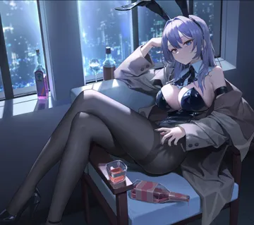 1girl alcohol animal_ears black_leotard black_nails black_pantyhose black_shoes blue_eyes breasts brown_coat closed_mouth coat crossed_legs cup fake_animal_ears glass_bottle high_heels indoors large_breasts leotard long_hair looking_at_viewer nail_polish night off_shoulder pantyhose playboy_bunny purple_hair rabbit_ears shoes sitting solo strapless strapless_leotard window xzu