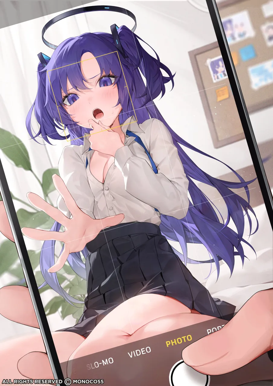 1girl 1other black_skirt blush breasts cellphone cleavage collared_shirt facial_recognition fake_phone_screenshot fake_screenshot halo holding holding_phone indoors large_breasts long_hair long_sleeves looking_at_viewer mechanical_halo open_mouth phone pleated_skirt purple_eyes purple_hair shirt skirt smartphone solo_focus two_side_up white_shirt monoco55 blue_archive yuuka__blue_archive