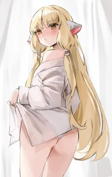 1girl ass bare_shoulders blonde_hair blush closed_mouth clothes_lift flashing from_behind hair_tubes lifting_own_clothes long_sleeves looking_at_viewer looking_back no_pants off_shoulder panties robot_ears shirt shirt_lift solo thighs underwear white_panties white_shirt yellow_eyes nakony chobits chii__chobits