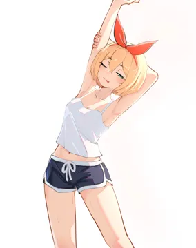 1girl arm_behind_head arm_up armpits backlighting black_shorts blonde_hair blush bow camisole cowboy_shot dolphin_shorts hair_bow hairband half_closed_eye looking_at_viewer navel one_eye_closed red_bow short_hair shorts solo stretching sweat thighs tongue tongue_out white_camisole babywipes re_zero_kara_hajimeru_isekai_seikatsu petra_leyte__re_zero