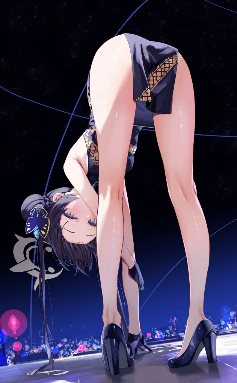 1girl armpit_crease ass bare_shoulders bent_over black_gloves black_hair block_heels blue_archive braid braided_bun butterfly_hair_ornament china_dress chinese_clothes city_lights cityscape dragon_print dress gloves grey_eyes grey_halo hair_bun hair_ornament hair_spread_out halo hand_on_ground high_heels kisaki__blue_archive long_hair looking_at_viewer night night_sky nyahu__nyahu_77 pelvic_curtain print_dress side_slit sky solo twintails