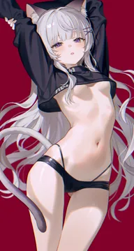1girl animal_ear_fluff animal_ears arms_up ass_visible_through_thighs black_panties black_shirt blush breasts cat_ears cat_girl cat_tail cowboy_shot cropped_shirt fymrie grey_hair hair_ornament long_hair long_sleeves looking_at_viewer lying navel on_back open_mouth panties purple_eyes red_background resia__emonmong shirt simple_background small_breasts solo stomach stretching tail thighs underboob underwear x_hair_ornament