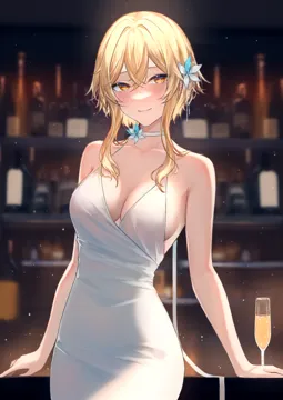 1girl alcohol alternate_costume arm_support armpit_crease bar__place bare_arms bare_shoulders blonde_hair blurry blurry_background bottle breasts champagne champagne_flute choker cleavage closed_mouth cocktail_dress crossed_bangs cup depth_of_field dress drinking_glass flower genshin_impact hair_between_eyes hair_flower hair_ornament halter_dress halterneck indoors light_particles looking_at_viewer lumine__genshin_impact medium_breasts mugiko_mz short_hair_with_long_locks sideboob sidelocks sleeveless sleeveless_dress smile solo white_choker white_dress yellow_eyes