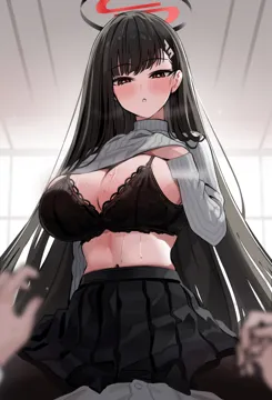 1boy 1girl black_bra black_hair black_pantyhose black_skirt blue_archive blush bra breasts cleavage clothes_lift girl_on_top hair_ornament hairclip halo hetero large_breasts lifting_own_clothes long_hair long_sleeves looking_at_viewer navel pantyhose pleated_skirt red_eyes ribbed_sweater rio__blue_archive sitting sitting_on_person skirt solo_focus straddling sweat sweater sweater_lift thighs turtleneck turtleneck_sweater underwear very_long_hair white_sweater yuki__asayuki101