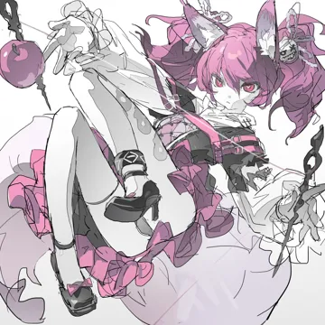1girl animal_ears dress fox high_heels pink_eyes simple_background sketch solo spikes tail twintail wand white_background