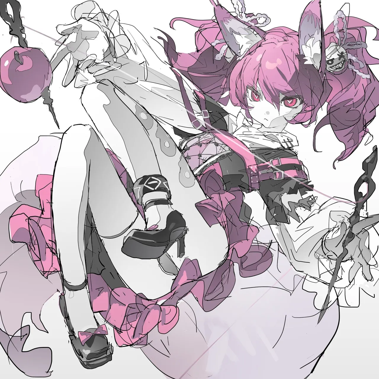 1girl animal_ears dress fox high_heels pink_eyes simple_background sketch solo spikes tail twintail wand white_background