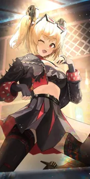 1girl black_gloves black_jacket black_shoes black_skirt black_thighhighs blonde_hair breasts cleavage crop_top eyewear_on_head fingerless_gloves gloves hair_ornament high_waist_skirt high_heels jacket kneeling large_breasts long_sleeves looking_at_viewer medium_hair midriff one_eye_closed open_mouth red_tinted_eyewear red_eyes shoes skirt smile solo spiked_belt spiked_jacket spikes sunglasses thighhighs tinted_eyewear twintails nn11 zenless_zone_zero burnice_white__zenless_zone_zero