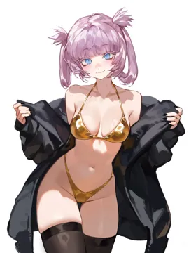 1girl bare_shoulders bikini black_coat black_nails black_thighhighs blue_eyes blunt_bangs blush breasts closed_mouth coat colored_eyelashes cowboy_shot exhibitionism fingernails foolish_potato gold_bikini groin hair_rings halterneck highleg highleg_bikini legs_together long_sleeves looking_at_viewer medium_breasts nail_polish nanakusa_nazuna__yofukashi_no_uta navel off_shoulder open_clothes open_coat opened_by_self public_indecency purple_hair ringed_eyes short_hair sidelocks simple_background smile solo standing stomach swimsuit thigh_gap thighhighs white_background yofukashi_no_uta