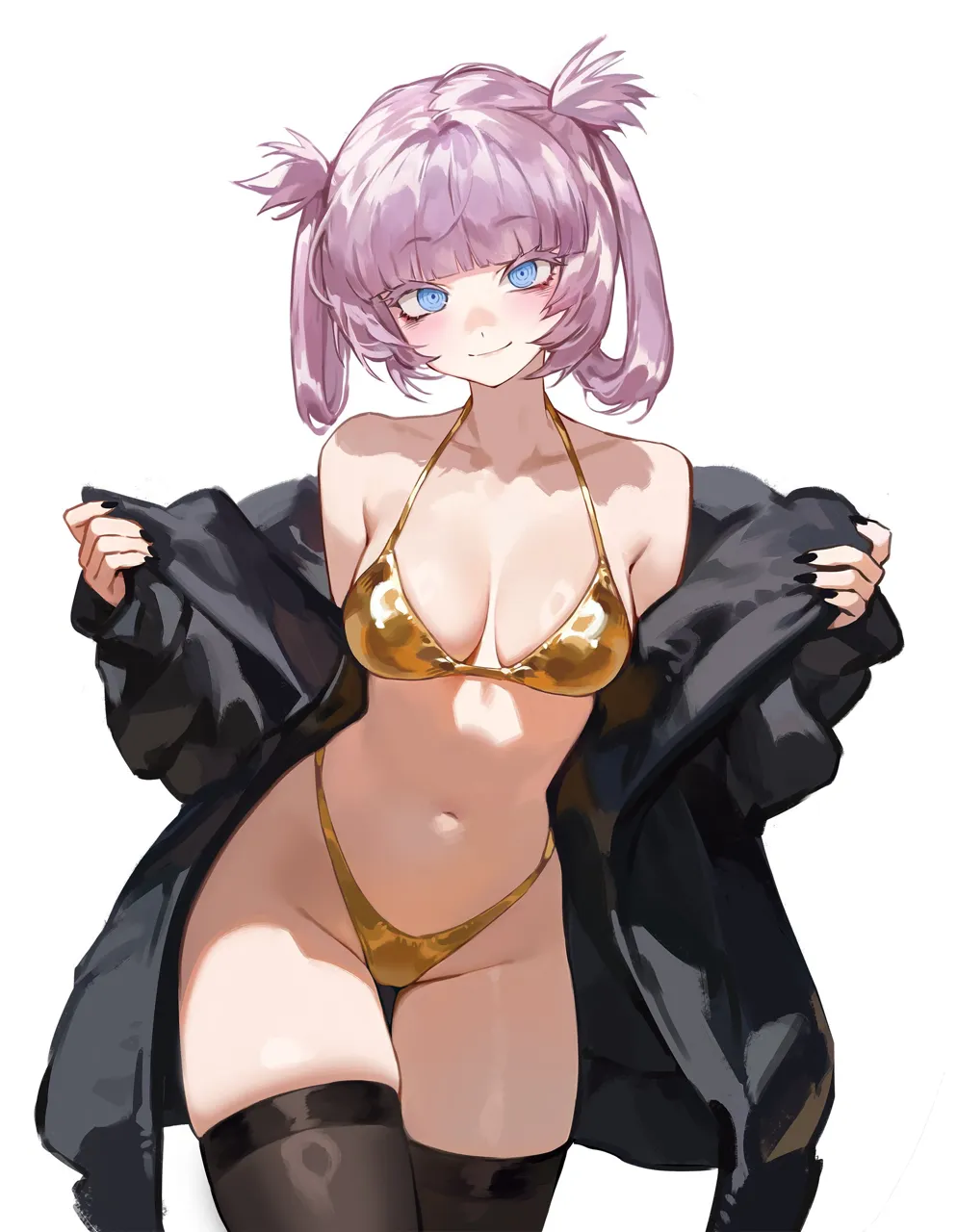 1girl bare_shoulders bikini black_coat black_nails black_thighhighs blue_eyes blunt_bangs blush breasts closed_mouth coat colored_eyelashes cowboy_shot exhibitionism fingernails foolish_potato gold_bikini groin hair_rings halterneck highleg highleg_bikini legs_together long_sleeves looking_at_viewer medium_breasts nail_polish nanakusa_nazuna__yofukashi_no_uta navel off_shoulder open_clothes open_coat opened_by_self public_indecency purple_hair ringed_eyes short_hair sidelocks simple_background smile solo standing stomach swimsuit thigh_gap thighhighs white_background yofukashi_no_uta