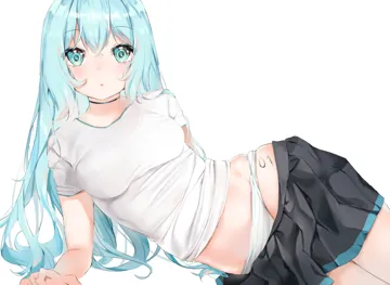 1girl adapted_costume aqua_eyes aqua_hair arm_support bare_arms black_skirt blue_hair blush breasts casual choker clothes_pull cowboy_shot groin hair_down leg_tattoo long_hair looking_at_viewer lying midriff miniskirt number_tattoo on_side panties pleated_skirt shirt short_sleeves simple_background skindentation skirt skirt_pull solo striped_clothes striped_panties t_shirt tattoo vocaloid underwear white_background white_shirt nakony hatsune_miku