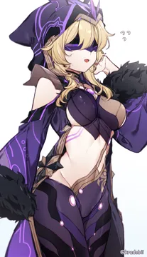 1girl blonde_hair breasts cicin_mage__genshin_impact cloak cosplay cowboy_shot delusion__genshin_impact electro_cicin_mage__genshin_impact electro_cicin_mage__genshin_impact__cosplay eye_mask fur_trim fur_trimmed_sleeves genshin_impact hood hood_up hooded_cloak kradebii large_breasts long_sleeves lumine__genshin_impact open_mouth purple_cloak short_hair_with_long_locks simple_background solo sweatdrop white_background