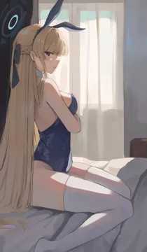 1girl animal_ears arm_under_breasts bed bedroom blonde_hair blue_eyes blue_hairband blue_halo blue_leotard bow braid breasts closed_mouth curtains detached_collar fake_animal_ears from_side hair_bow hairband halo leotard long_hair looking_at_viewer medium_breasts multicolored_hair official_alternate_costume on_bed playboy_bunny profile rabbit_ears sideways_glance sitting solo straight_hair streaked_hair thighhighs thighs very_long_hair white_thighhighs window yokozuwari crunchy__namtaehyeon1234 blue_archive toki__blue_archive toki__bunny__blue_archive