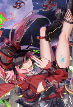 1girl asymmetrical_sleeves baseball_cap black_hat black_shorts blue_hair bridal_gauntlets crop_top fishnet_bridal_gauntlets fishnet_top fishnets graffiti green_eyes hat horned_hat jacket kuji_in long_hair looking_at_viewer moon multicolored_hair paint pink_hair ponytail red_arm_warmers red_jacket shirt shorts shuriken single_sleeve_past_wrist smile streaked_hair uneven_sleeves very_long_hair weapon white_shirt wrist_belt om_rm1101 honkai__star_rail honkai__series rappa__honkai__star_rail
