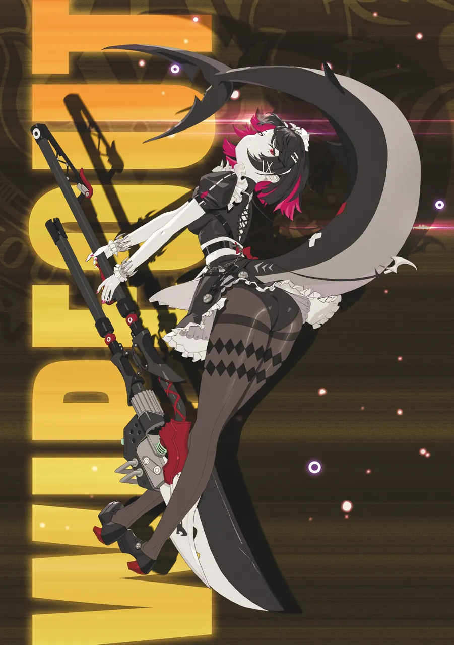 1girl arched_back ass black_dress black_hair black_panties black_pantyhose black_shoes colored_inner_hair dress fins fish_tail frilled_dress frilled_wristband frills full_body holding holding_weapon looking_at_viewer looking_back maid maid_headdress metal_hairband mole mole_under_eye multicolored_hair panties panties_under_pantyhose pantyhose red_eyes red_hair shark_girl shark_tail shoes solo spiked_headband tail two_tone_hair underwear weapon weapon_between_legs wristband midfinger zenless_zone_zero ellen_joe__zenless_zone_zero