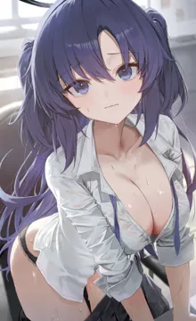 1girl black_panties black_skirt blue_archive blush breasts chair cleavage clothes_pull collarbone halo huhi__huhi_1211 indoors large_breasts leaning_forward light_blush long_hair looking_at_viewer necktie open_collar panties pleated_skirt purple_eyes purple_hair shirt skirt skirt_pull sleeves_rolled_up solo sweat two_side_up underwear undone_necktie v_arms very_long_hair wavy_mouth white_shirt wrinkled_fabric yuuka__blue_archive