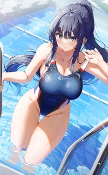 1girl adjusting_clothes alternate_costume arm_up bare_arms blue_archive blue_eyes blue_hair blue_one_piece_swimsuit blush breasts cleavage closed_mouth competition_swimsuit day dutch_angle floating_hair halo highleg highleg_one_piece_swimsuit holding kuria__clear_trip_second large_breasts long_hair looking_at_viewer multicolored_swimsuit one_piece_swimsuit outdoors ponytail pool pool_ladder poolside saori__blue_archive sideboob sidelocks solo sunlight swimsuit swimsuit_tug taut_clothes taut_swimsuit thigh_gap thighs undersized_clothes wading water wet