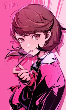 1girl bow bowtie breasts brown_eyes brown_hair cardigan character_name choker collared_shirt earrings food food_in_mouth from_side gekkoukan_high_school_uniform heart heart_choker holding holding_food holding_pocky jewelry lips long_sleeves looking_at_viewer looking_to_the_side medium_breasts nail_polish parted_lips pink_cardigan pink_choker pink_lips pink_nails pink_theme pocky pocky_in_mouth red_bow red_bowtie ribbed_cardigan school_uniform shirt short_hair solo stud_earrings swept_bangs upper_body white_choker white_shirt kumo33 persona persona_3 persona_3_reload takeba_yukari__persona