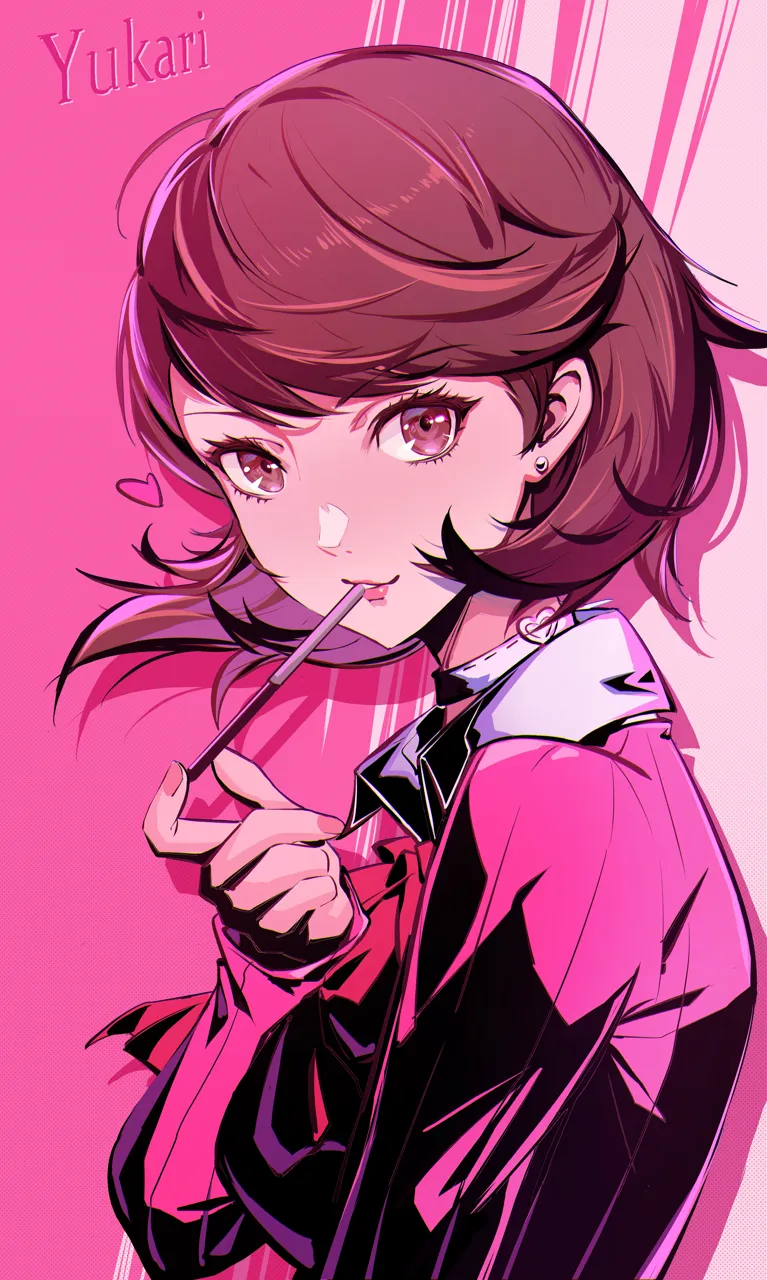 1girl bow bowtie breasts brown_eyes brown_hair cardigan character_name choker collared_shirt earrings food food_in_mouth from_side gekkoukan_high_school_uniform heart heart_choker holding holding_food holding_pocky jewelry lips long_sleeves looking_at_viewer looking_to_the_side medium_breasts nail_polish parted_lips pink_cardigan pink_choker pink_lips pink_nails pink_theme pocky pocky_in_mouth red_bow red_bowtie ribbed_cardigan school_uniform shirt short_hair solo stud_earrings swept_bangs upper_body white_choker white_shirt kumo33 persona persona_3 persona_3_reload takeba_yukari__persona