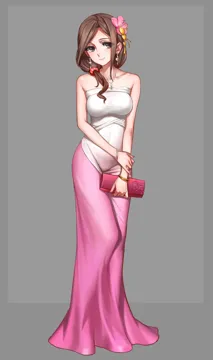 1girl bag bare_shoulders breasts brown_eyes brown_hair covered_navel dress earrings flower full_body hair_flower hair_ornament handbag heart heart_earrings jewelry large_breasts long_hair long_legs looking_at_viewer necklace simple_background smile solo standing strapless strapless_dress as109 m_a_d_mafia_is_all_dead