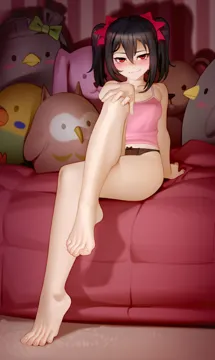 1girl babydoll bare_arms bare_legs barefoot black_bow black_hair black_panties blush bow bow_panties breasts camisole closed_mouth collarbone covered_nipples crossed_legs feet full_body hair_between_eyes hair_bow hand_on_own_knee kairunoburogu looking_at_viewer love_live love_live__school_idol_project medium_hair panties pink_camisole red_bow red_eyes sitting small_breasts smile smirk smug solo stuffed_animal stuffed_bird stuffed_toy toes twintails underwear yazawa_nico