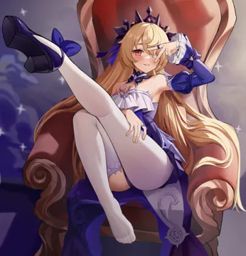 1girl alternate_eye_color asymmetrical_legwear bare_shoulders blonde_hair blush bow breasts collarbone dress eyepatch fischl__ein_immernachtstraum__genshin_impact fischl__genshin_impact full_body genshin_impact hair_ornament hair_over_one_eye high_heels juliet_sleeves leg_up light_smile long_hair long_sleeves looking_at_viewer medium_breasts moonct official_alternate_costume on_chair pantyhose parted_lips puffy_sleeves pumps purple_bow purple_dress purple_shoes purple_sleeves red_eyes red_pupils see_through_clothes see_through_legwear shoes single_leg_pantyhose single_shoe single_thighhigh sitting solo thighhighs tiara unworn_eyepatch very_long_hair white_pantyhose white_thighhighs