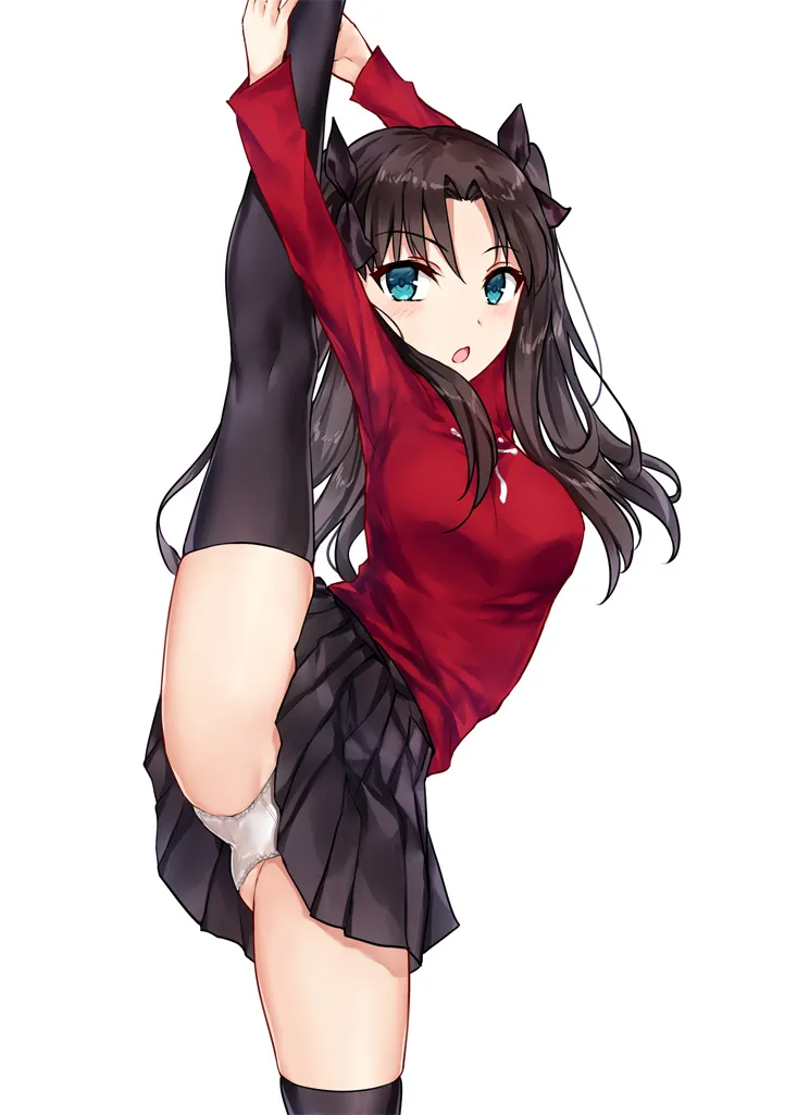 1girl black_hair black_skirt black_thighhighs blue_eyes blush breasts leg_lift leg_up long_hair looking_at_viewer medium_breasts open_mouth panties red_sweater simple_background skirt solo split standing standing_on_one_leg standing_split sweater thighhighs thighs two_side_up underwear white_background white_panties asle fate_stay_night fate__series tohsaka_rin