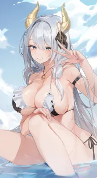 1girl arm_strap armpits bare_legs bare_shoulders bikini black_bikini blue_eyes bow braid breasts choyeon cleavage dragon_horns frilled_bikini frills grin hair_bow hair_ornament hair_over_shoulder halterneck hand_up horns iana_ignosis jewelry knees_up large_breasts long_hair looking_at_viewer necklace side_tie_bikini_bottom sitting skindentation smile solo strap_gap string_bikini swimsuit thighs v_lup very_long_hair virtual_youtuber water wet white_hair
