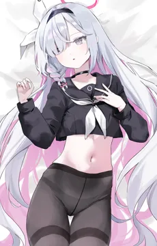 1girl bed_sheet black_choker black_hairband black_pantyhose black_sailor_collar black_shirt bow braid choker colored_inner_hair cowboy_shot crop_top crop_top_overhang eyes_visible_through_hair from_above grey_hair hair_bow hair_ornament hair_over_one_eye hair_spread_out hairband halo hand_on_own_chest hands_up long_hair long_sleeves looking_to_the_side lying multicolored_hair navel neckerchief on_back panties panties_under_pantyhose pantyhose parted_lips pink_hair pink_halo puffy_long_sleeves puffy_sleeves sailor_collar school_uniform shirt solo thighband_pantyhose two_tone_hair underwear very_long_hair white_bow white_neckerchief nakony blue_archive plana__blue_archive