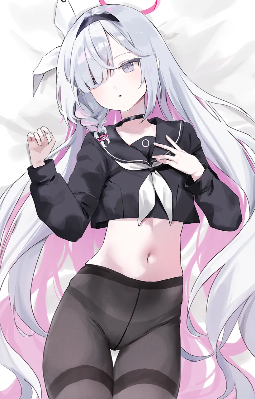 1girl bed_sheet black_choker black_hairband black_pantyhose black_sailor_collar black_shirt bow braid choker colored_inner_hair cowboy_shot crop_top crop_top_overhang eyes_visible_through_hair from_above grey_hair hair_bow hair_ornament hair_over_one_eye hair_spread_out hairband halo hand_on_own_chest hands_up long_hair long_sleeves looking_to_the_side lying multicolored_hair navel neckerchief on_back panties panties_under_pantyhose pantyhose parted_lips pink_hair pink_halo puffy_long_sleeves puffy_sleeves sailor_collar school_uniform shirt solo thighband_pantyhose two_tone_hair underwear very_long_hair white_bow white_neckerchief nakony blue_archive plana__blue_archive