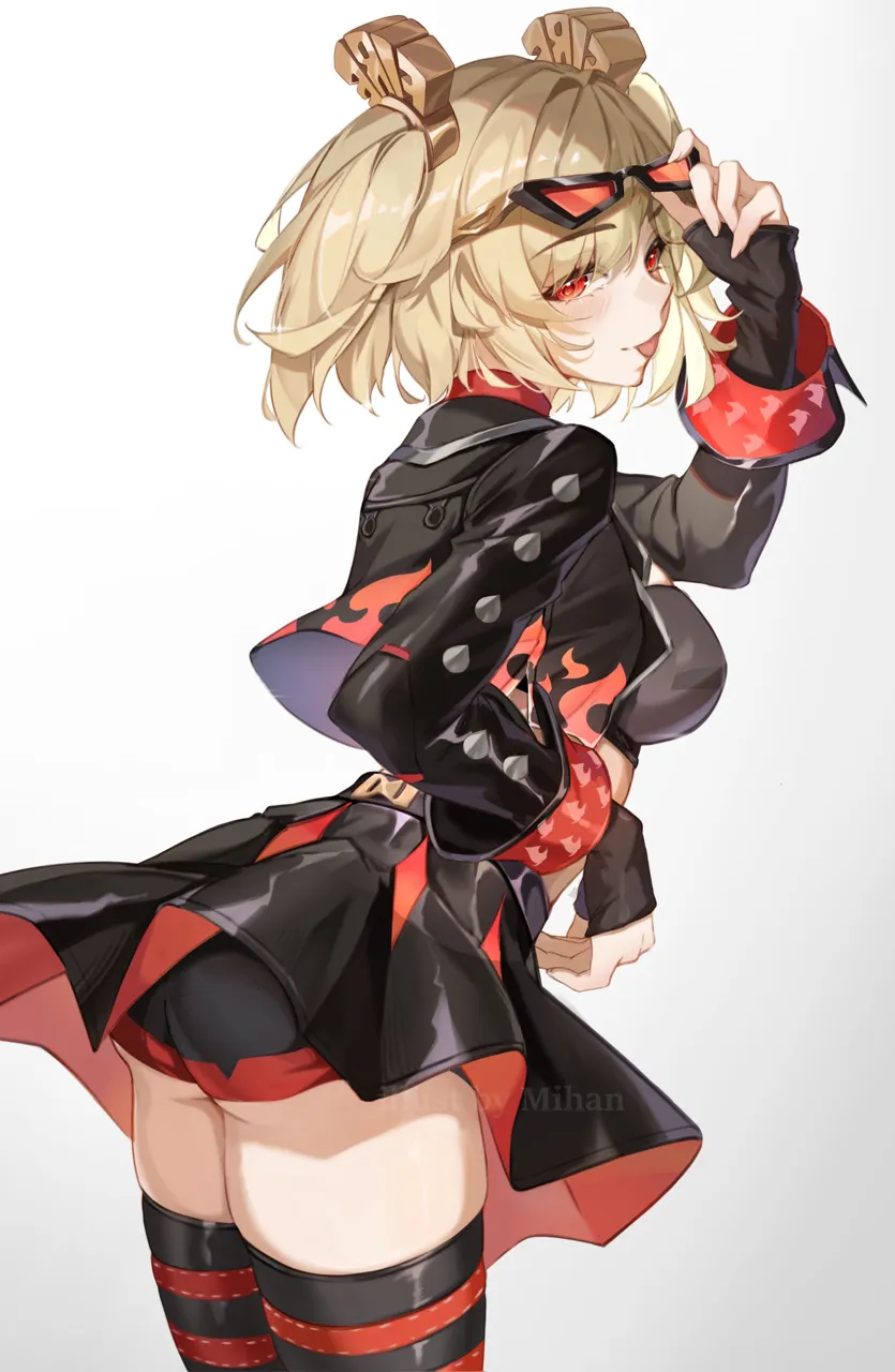 1girl adjusting_eyewear black_jacket black_panties black_skirt black_thighhighs blonde_hair breasts eyewear_on_head from_behind hair_ornament jacket large_breasts looking_at_viewer orange_tinted_eyewear orange_eyes panties short_hair simple_background skirt solo sunglasses thighhighs thighs tinted_eyewear tongue tongue_out underwear white_background mihan__mihan_art zenless_zone_zero burnice_white__zenless_zone_zero
