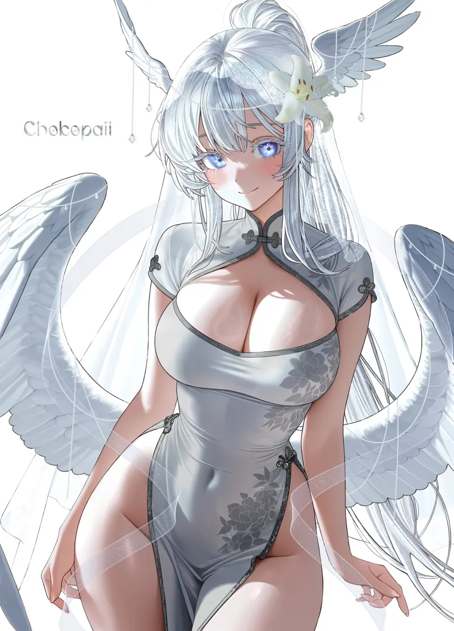 1girl artist_name blue_eyes breasts china_dress chinese_clothes cleavage cleavage_cutout clothing_cutout colored_eyelashes covered_navel cowboy_shot dress feathered_wings floral_print flower grey_theme grey_trim hair_flower hair_ornament head_wings large_breasts light_blush lily__flower long_hair looking_at_viewer low_wings mandarin_collar pelvic_curtain ponytail revealing_clothes smile solo tight_clothes tight_dress white_background white_dress white_eyelashes white_hair white_lily wings chokopaii