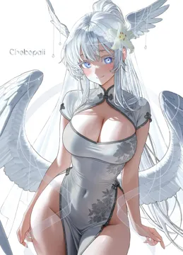 1girl artist_name blue_eyes breasts china_dress chinese_clothes cleavage cleavage_cutout clothing_cutout colored_eyelashes covered_navel cowboy_shot dress feathered_wings floral_print flower grey_theme grey_trim hair_flower hair_ornament head_wings large_breasts light_blush lily__flower long_hair looking_at_viewer low_wings mandarin_collar pelvic_curtain ponytail revealing_clothes smile solo tight_clothes tight_dress white_background white_dress white_eyelashes white_hair white_lily wings chokopaii