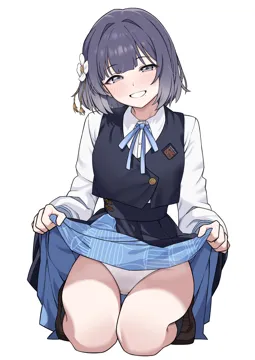 1girl blue_eyes blue_hair clothes_lift flower hair_flower hair_ornament hatsuboshi_gakuen_school_uniform lifting_own_clothes long_sleeves panties school_uniform shirt short_hair simple_background skirt skirt_lift smile underwear white_background white_flower white_panties white_shirt 0haribo0 gakuen_idolmaster idolmaster hataya_misuzu__idolmaster