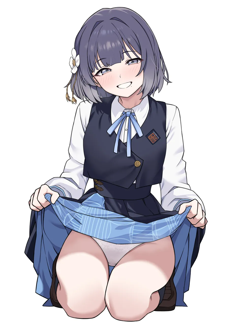1girl blue_eyes blue_hair clothes_lift flower hair_flower hair_ornament hatsuboshi_gakuen_school_uniform lifting_own_clothes long_sleeves panties school_uniform shirt short_hair simple_background skirt skirt_lift smile underwear white_background white_flower white_panties white_shirt 0haribo0 gakuen_idolmaster idolmaster hataya_misuzu__idolmaster