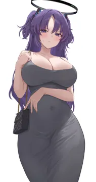 1girl alternate_costume bag black_bag black_halo blue_archive blue_eyes blue_hair blush breasts cleavage covered_navel dongtan_dress dress formal_clothes grey_dress hair_ornament halo large_breasts long_hair looking_at_viewer mechanical_halo meme_attire rianya07 shoulder_bag simple_background solo sweat triangle_hair_ornament two_side_up white_background yuuka__blue_archive