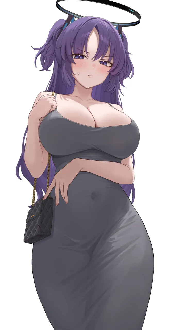 1girl alternate_costume bag black_bag black_halo blue_archive blue_eyes blue_hair blush breasts cleavage covered_navel dongtan_dress dress formal_clothes grey_dress hair_ornament halo large_breasts long_hair looking_at_viewer mechanical_halo meme_attire rianya07 shoulder_bag simple_background solo sweat triangle_hair_ornament two_side_up white_background yuuka__blue_archive
