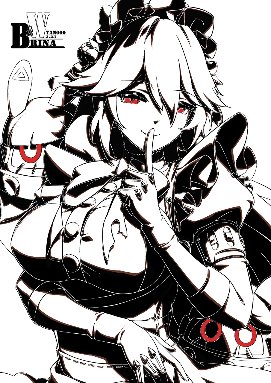 1girl arm_under_breasts artist_name bangboo__zenless_zone_zero breasts dated dress finger_to_mouth greyscale large_breasts long_sleeves looking_at_viewer maid maid_headdress monochrome red_eyes shushing simple_background smile spot_color upper_body white_background yan__unicorn404 zenless_zone_zero alexandrina_sebastiane anastella__zenless_zone_zero drusilla__zenless_zone_zero