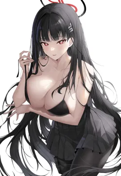 1girl arm_under_breasts black_bra black_hair black_pantyhose black_skirt blue_archive blunt_bangs blush bra breasts bright_pupils cleavage collarbone hair_ornament hairclip halo jupo large_breasts long_hair looking_at_viewer pantyhose parted_lips pleated_skirt pouch red_eyes rio__blue_archive sideboob simple_background skirt smile solo strap_pull thigh_pouch underwear very_long_hair wardrobe_malfunction white_background white_pupils
