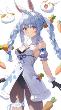 1girl animal_ear_fluff animal_ears black_gloves blue_hair blush bow braid breasts brown_pantyhose carrot_hair_ornament cleavage closed_mouth food_themed_hair_ornament fur_scarf gloves hair_bow hair_ornament long_hair looking_at_viewer medium_breasts multicolored_hair orange_eyes pantyhose rabbit rabbit_ears simple_background smile solo standing thick_eyebrows thighs twin_braids two_tone_hair virtual_youtuber white_background white_hair niji__rudduf232 hololive don_chan__usada_pekora__hololive usada_pekora__hololive usada_pekora__1st_costume__hololive