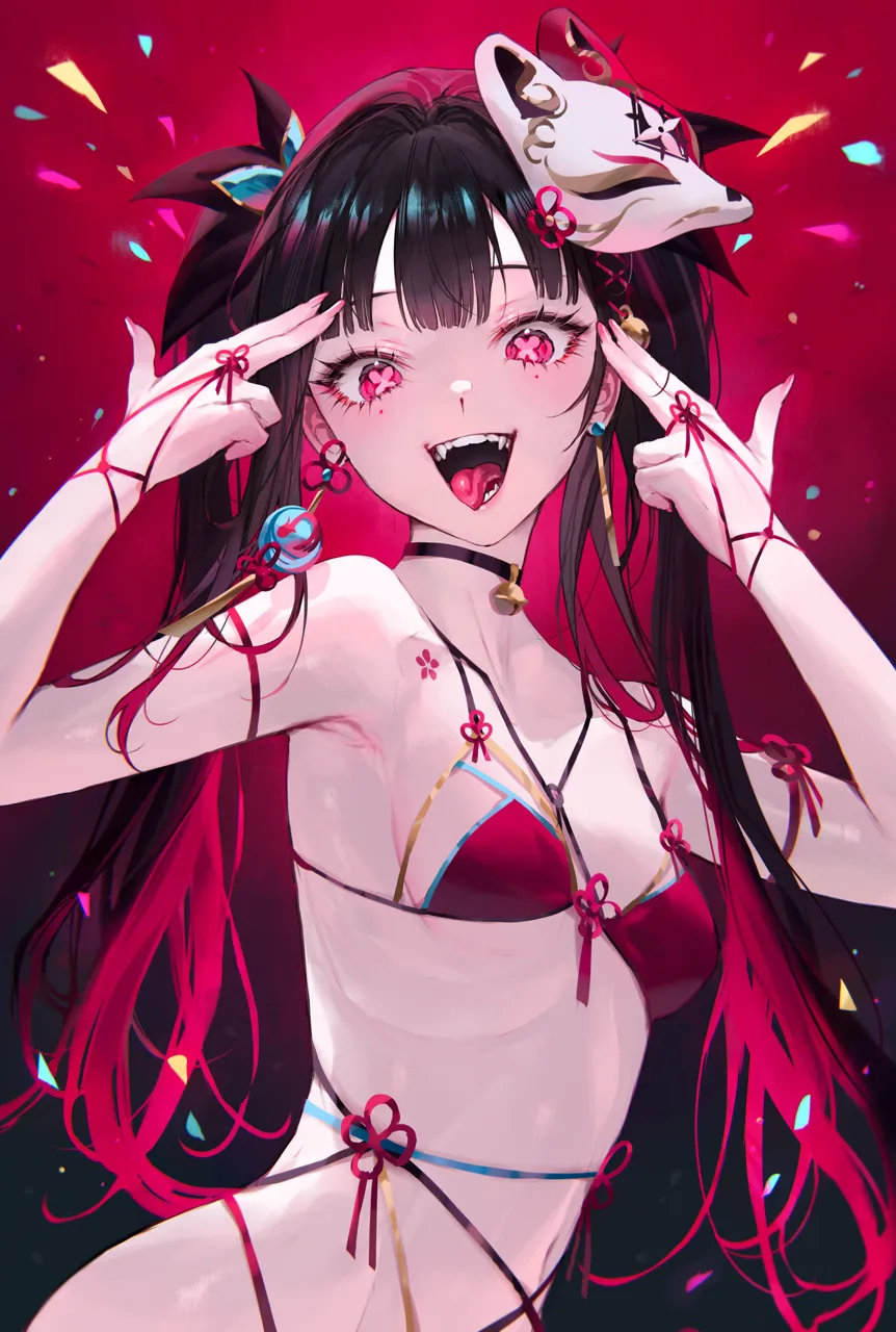 1girl alternate_costume bell bikini black_choker black_hair breasts butterfly_shaped_pupils choker crazy_smile facial_mark fangs finger_gun fingernails flower_tattoo fox_mask gradient_hair hands_up honkai__series honkai__star_rail long_fingernails long_hair mask mask_on_head small_breasts multicolored_hair multiple_moles nail_polish navel neck_bell open_mouth pink_eyes qiandaiyiyu red_background red_bikini red_hair red_nails smile solo sparkle__honkai__star_rail swimsuit symbol_shaped_pupils tattoo tongue tongue_out twintails upper_body