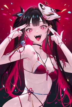 1girl alternate_costume bell bikini black_choker black_hair breasts butterfly_shaped_pupils choker crazy_smile facial_mark fangs finger_gun fingernails flower_tattoo fox_mask gradient_hair hands_up honkai__series honkai__star_rail long_fingernails long_hair mask mask_on_head small_breasts multicolored_hair multiple_moles nail_polish navel neck_bell open_mouth pink_eyes qiandaiyiyu red_background red_bikini red_hair red_nails smile solo sparkle__honkai__star_rail swimsuit symbol_shaped_pupils tattoo tongue tongue_out twintails upper_body