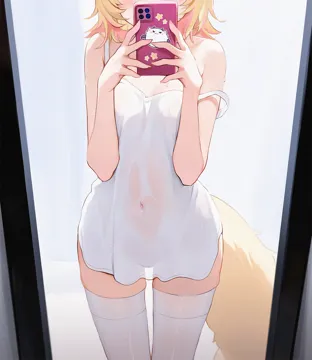 1girl alternate_costume blonde_hair cellphone covered_navel dog_girl dog_tail dress head_out_of_frame holding holding_phone hololive hololive_english koahri mirror mococo_abyssgard multicolored_hair phone pink_hair reflection reflection_focus see_through_clothes selfie short_dress short_hair single_off_shoulder sleeveless sleeveless_dress smartphone solo streaked_hair tail thighhighs thighs virtual_youtuber white_dress white_thighhighs