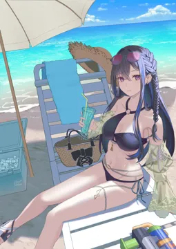 1girl armpits asymmetrical_bikini bag beach beach_chair beach_umbrella bead_belt belt bikini black_bikini black_hair blue_hair blue_sky braid breasts cleavage clothing_cutout cloud collarbone cooler cross_laced_clothes cross_laced_sleeves crossed_bangs cup drinking_glass drinking_straw frilled_sleeves frills green_sleeves hat holding holding_cup ice ice_cube long_hair long_sidelocks medium_breasts multicolored_hair navel o_ring o_ring_belt o_ring_bikini o_ring_top ocean outdoors purple_eyes see_through_clothes see_through_sleeves side_tie_bikini_bottom sidelocks signature sitting sky solo straw_hat streaked_hair sun_hat swimsuit umbrella virtual_youtuber water_gun waves maria_onnette vspo ichinose_uruha__vspo ichinose_uruha__vspo__summer_2024