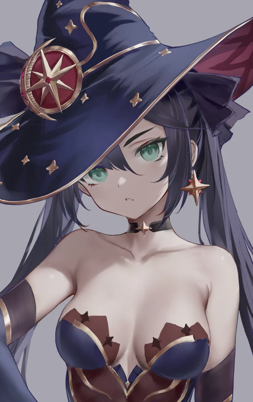 1girl bare_shoulders black_choker black_hair breasts choker collarbone earrings elbow_gloves gloves gold_trim green_eyes grey_background hat jewelry long_hair parted_lips simple_background single_earring small_breasts solo star__symbol star_earrings twintails upper_body witch_hat lin_jingling genshin_impact mona__genshin_impact
