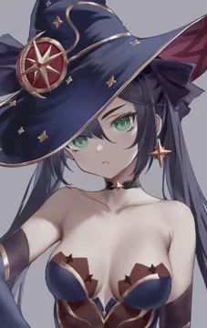 1girl bare_shoulders black_choker black_hair breasts choker collarbone earrings elbow_gloves gloves gold_trim green_eyes grey_background hat jewelry long_hair parted_lips simple_background single_earring small_breasts solo star__symbol star_earrings twintails upper_body witch_hat lin_jingling genshin_impact mona__genshin_impact