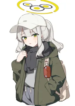 1girl backpack bag black_scarf blush green_eyes green_jacket grey_shorts halo hand_in_pocket hat hood hood_down hooded_jacket jacket long_hair long_sleeves official_alternate_costume open_clothes open_jacket open_mouth ponytail scarf shirt shorts simple_background solo upper_body white_background white_hair white_hat white_shirt hijo__nakare2845 blue_archive hare__blue_archive hare__camp__blue_archive